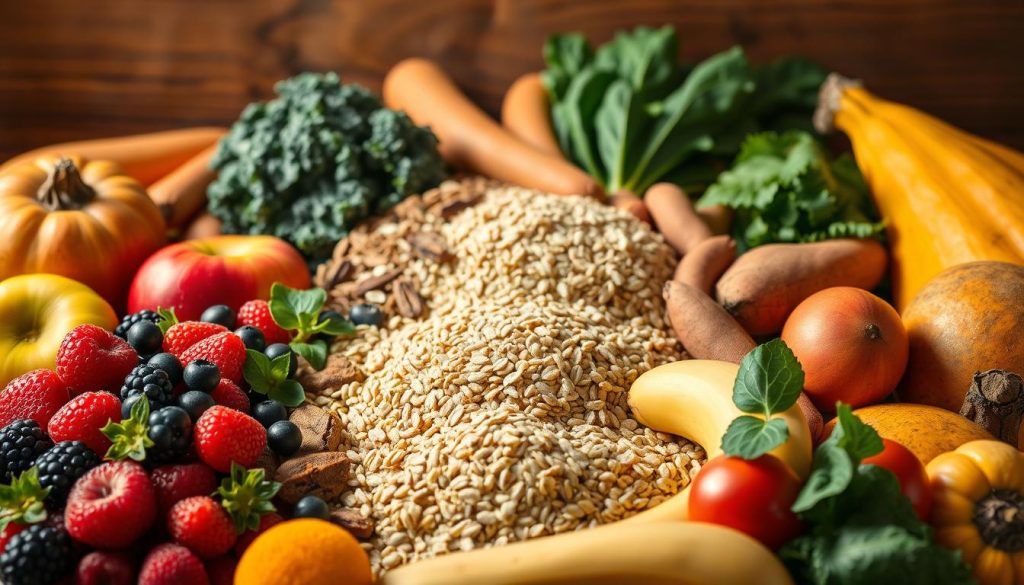 A bountiful spread of vibrant carbohydrate-rich superfoods, illuminated by warm, natural lighting. In the foreground, a selection of colorful fruits - juicy berries, crisp apples, and lush bananas. In the middle ground, whole grains such as quinoa, brown rice, and steel-cut oats are artfully arranged. The background features leafy greens, including kale and spinach, complemented by hearty sweet potatoes and vibrant squash. The composition is balanced, with a rustic, earthy tone that evokes a sense of nourishment and vitality. The image captures the essence of carbohydrate-rich superfoods, ready to energize and sustain the viewer throughout the day.