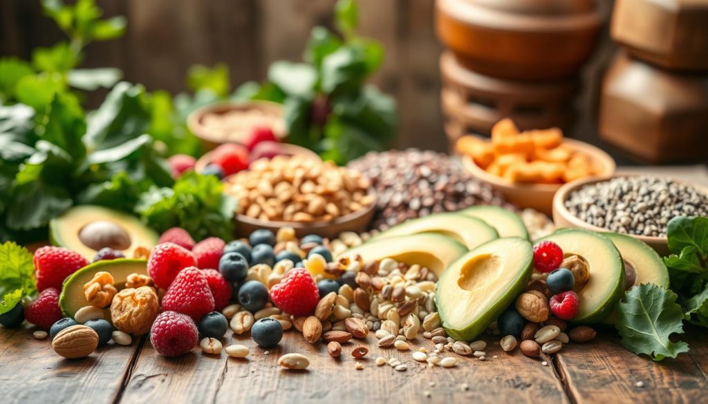A delightful arrangement of vibrant superfood snacks rests on a rustic wooden table, bathed in soft, natural lighting. In the foreground, an array of colorful, bite-sized treats – juicy berries, crunchy nuts, creamy avocado slices, and nutrient-dense seeds – are elegantly displayed. The middle ground showcases a variety of whole superfoods, such as kale, quinoa, and chia, complementing the snacks. In the background, a verdant, earthy backdrop sets the scene, evoking a sense of wellness and vitality. The overall atmosphere is one of balance, health, and a celebration of nature's most nourishing offerings.