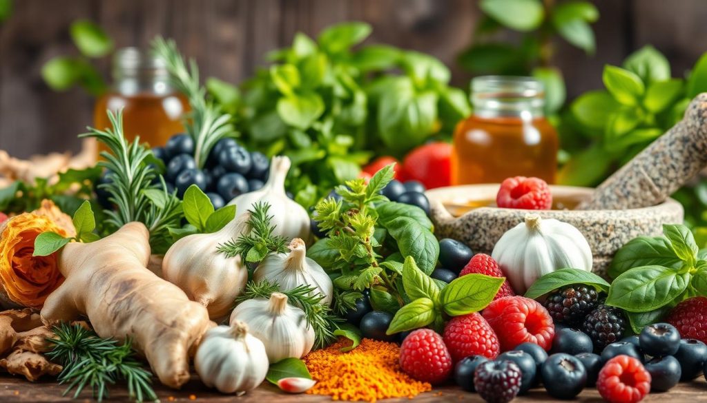 A lush, vibrant still life depicting an assortment of natural health boosters. In the foreground, a variety of fresh herbs and spices - ginger, turmeric, garlic, rosemary, and basil - arranged artfully. In the middle ground, a selection of berries, including blueberries, raspberries, and acai, their rich colors contrasting with the greenery. In the background, a glass bottle of honey and a stone mortar and pestle, symbolizing the traditional, holistic approach to wellness. Soft, natural lighting illuminates the scene, casting gentle shadows and highlighting the textures of the organic ingredients. The overall mood is one of vitality, nourishment, and the power of nature to support optimal health.