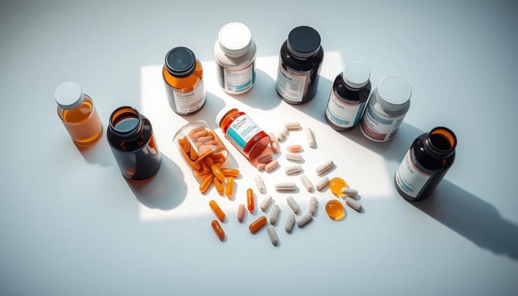 A well-lit, high-angle photograph of an assortment of brain health supplements arranged neatly on a minimalist white background. The supplements are displayed in glass bottles, capsules, and tablets, showcasing their different forms. The lighting casts warm, diffused shadows, creating a sense of depth and dimension. The overall composition is clean, balanced, and visually appealing, emphasizing the safety and efficacy of the brain-boosting products.